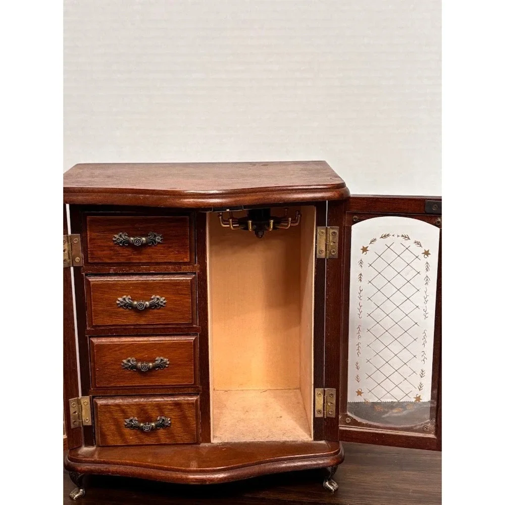 Vintage Wood Jewelry Armoire Glass Etched Doors Rotating Carousel Claw Feet